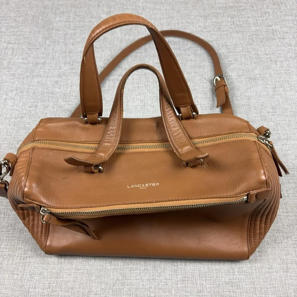 Lancaster Satchel Bag Womens Medium Brown Leather Top Handle Crossbody Zip